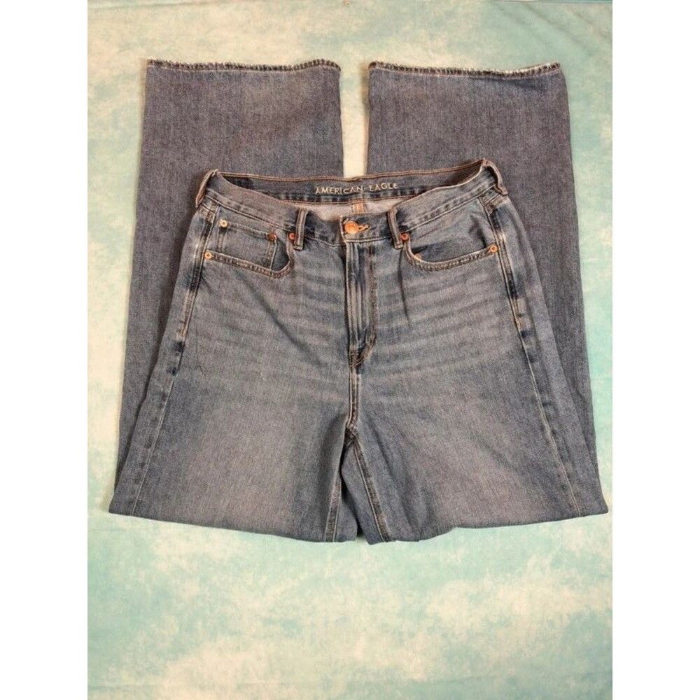 American Eagle Women’s Skater Jeans Size 12 Long Blue Wide Leg Stretch Denim